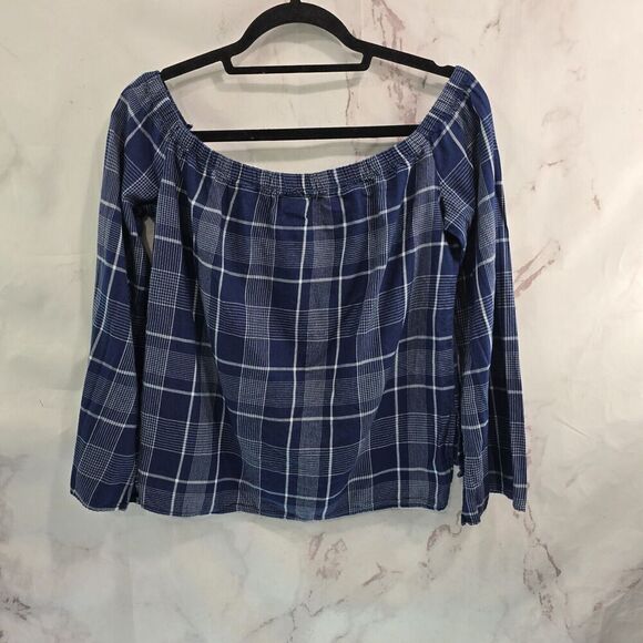 Cloth Stone Shirt Women Small Navy Blue Off Shoulder Check Plaid Slit Picnic - Picture 6 of 14